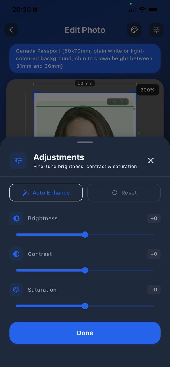 Passport photo maker lighting adjustments