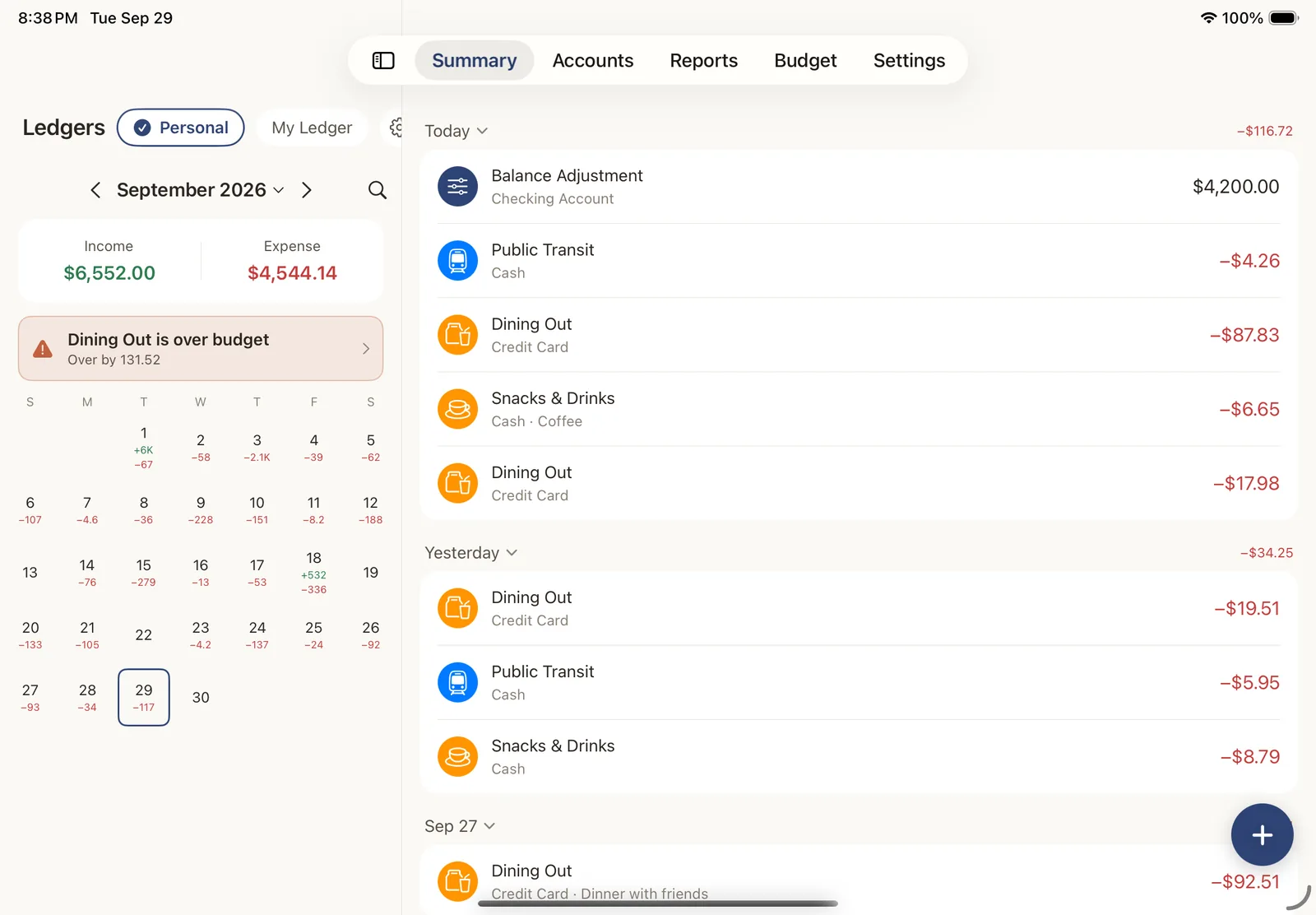 Kiroku on iPad with the ledger calendar and transaction list side by side