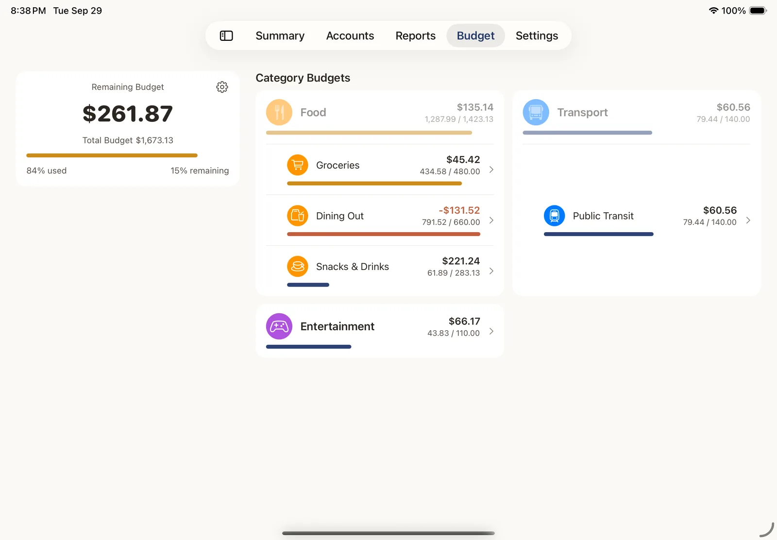 Kiroku budgets on iPad