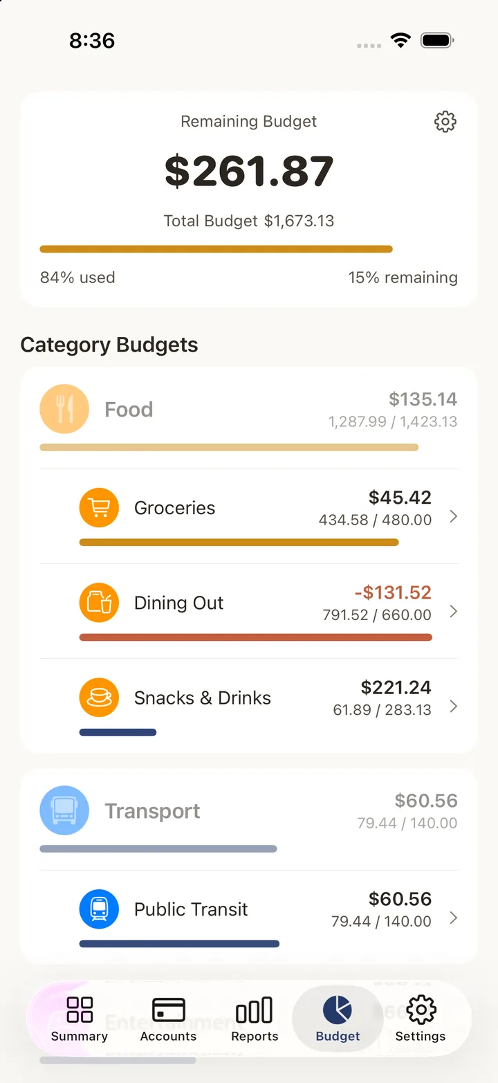 Kiroku budget screen with remaining budget and category budgets
