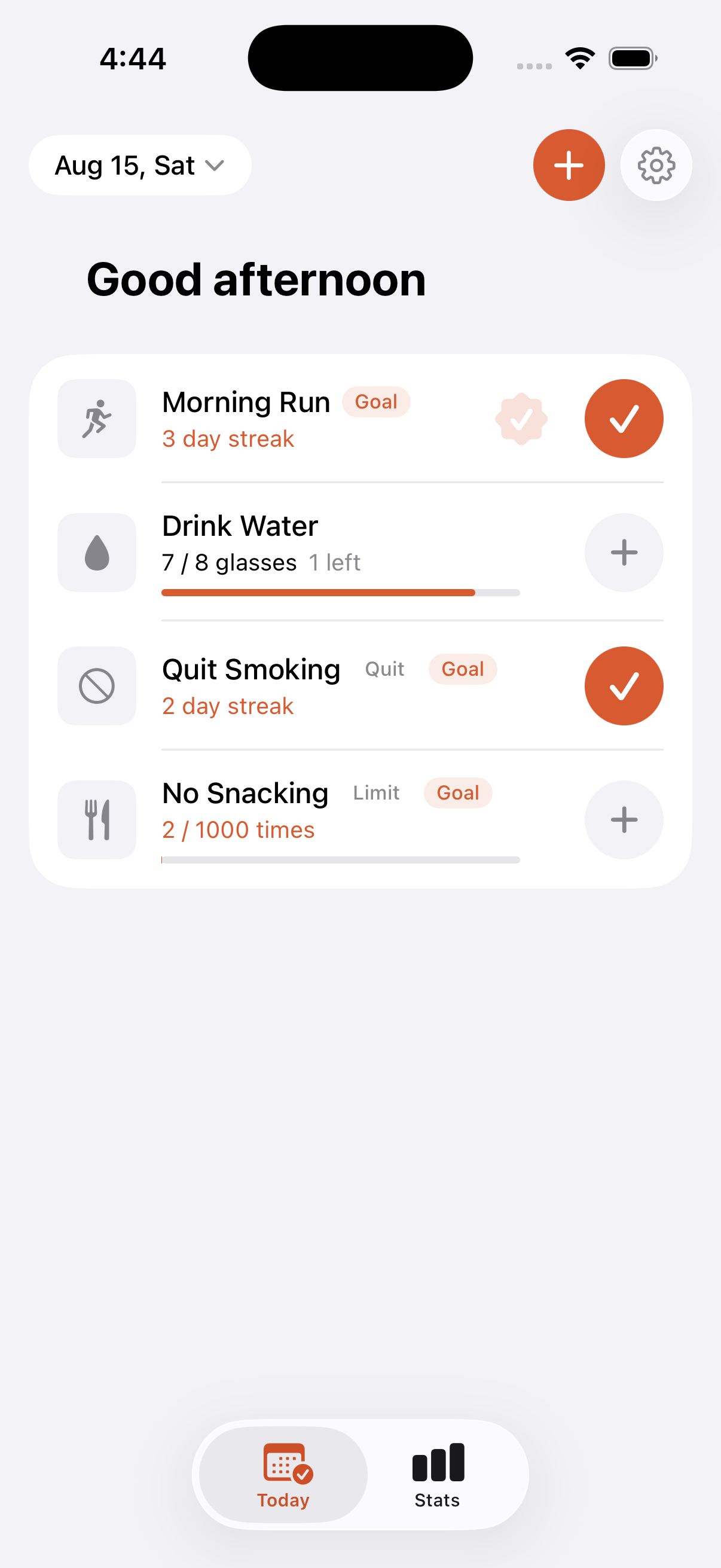 Kotsumi today screen showing habits and one-tap stamps